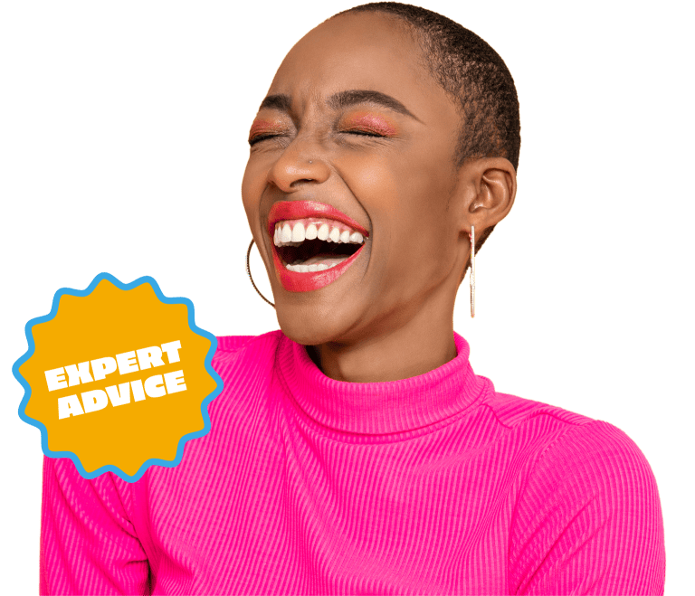 Smiling woman promoting good gut health